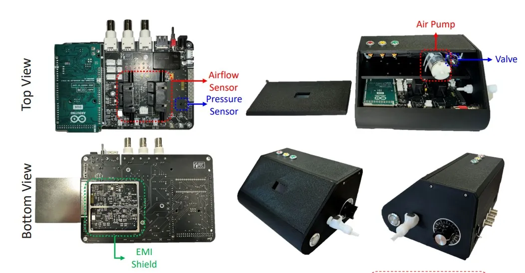 Smart Cuff board, top and bottom views, with airflow and pressure sensors and an EMI shield, next to the enclosure with air pump and valve