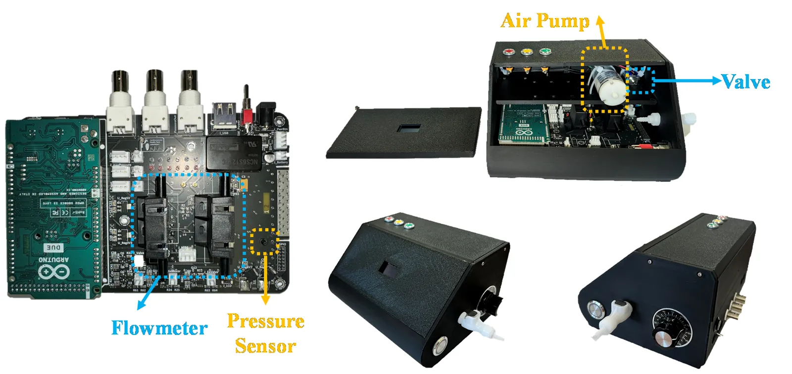 Smart Cuff hardware: custom board with flowmeter and pressure sensor on an Arduino Due, and the enclosure with air pump and valve